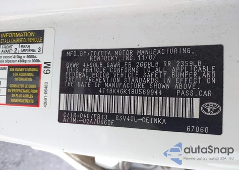 2008 Toyota Camry Le V6 from USA, damaged, VIN 4T1BK46K18U569944